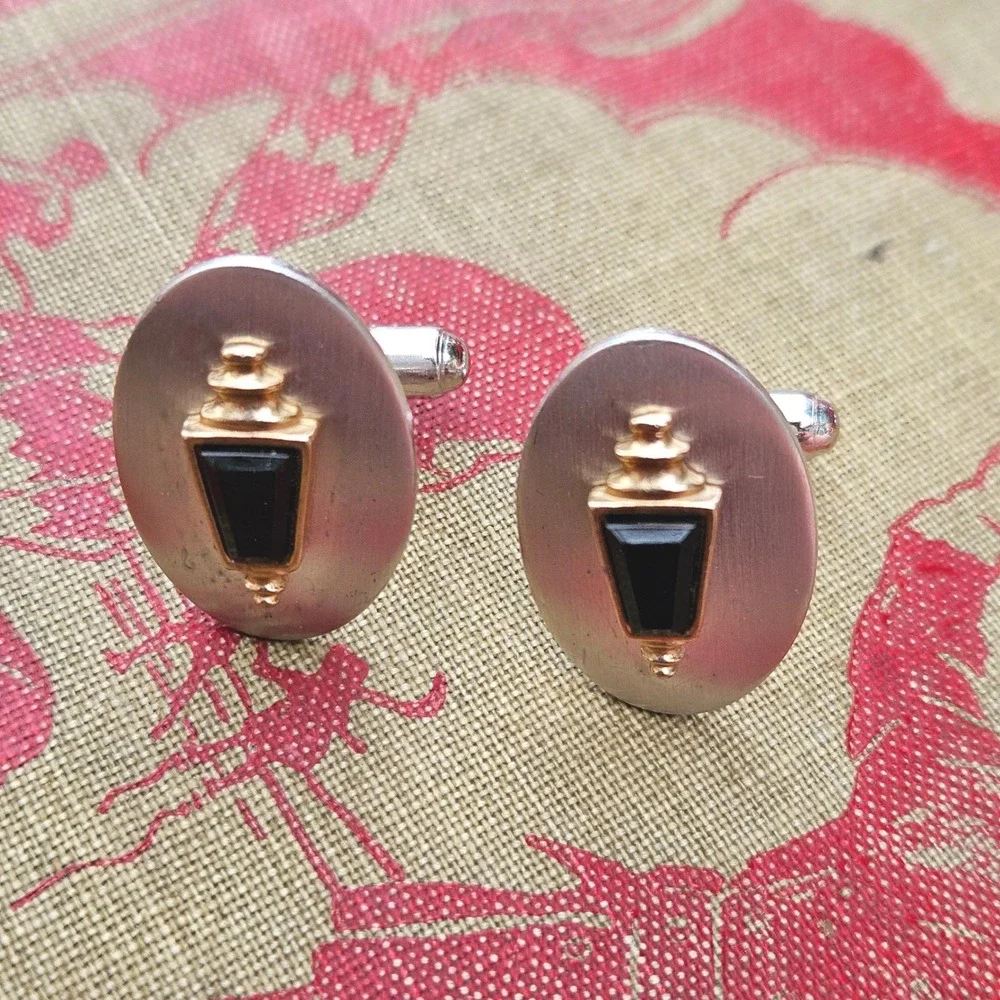 Vintage Lantern Motif Oval Cufflinks Silver Gold Tone Black Stone Mixed Metal